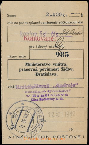 175839 - 1942 kontrolní lístek pro šekový účet, MINISTERSTVO VN