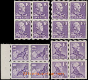 176237 - 1939-1942 Mi.265I, II, Gustav V. 10 ore violet, 4x block of 