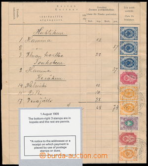 176875 - 1909 zúčtovací arch z pošty v KYMINLINNASSA, smíšeně 