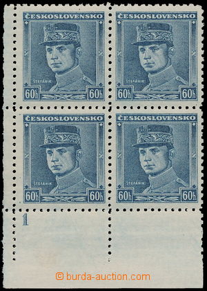 177815 - 1939 Alb.1, Blue Štefánik 60h, LL corner blk-of-4 with pla
