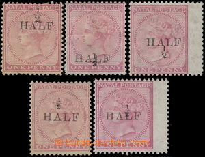 178590 - 1877 SG.85-89, 5ks Viktorie 1P růžová s přetisky 1/2 HAL