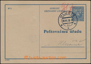 179917 - 1938 CAZ1A, 50h modrá, český text, DR HLUČÍN/ 30.VI.38;