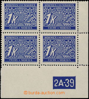 180385 - 1939 Pof.DL9, Doplatní 1K modrá, pravý rohový 4-blok s D