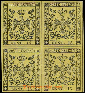 180734 - 1852 Sass.3, block of four Coat of arms, 15Cts yellow; perfe