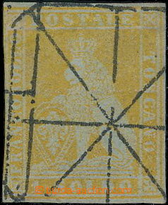 180747 - 1851 Sass.2b, Lev 1S giallo bistro s mřížovým razítkem,