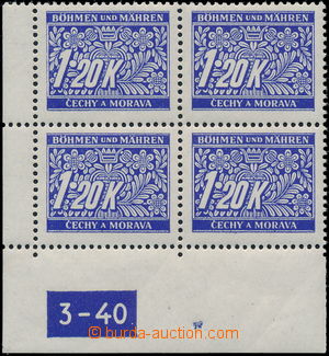 181581 - 1939 Pof.DL10, Doplatní 1,20K modrá, levý dolní 4-blok s