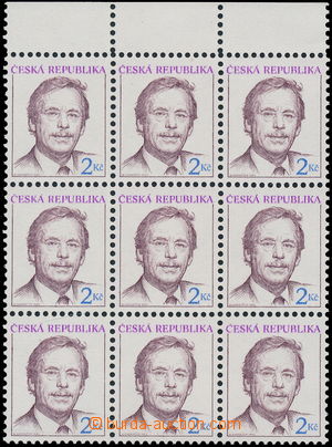 181638 - 1993 Pof.3, Havel 2CZK, blk-of-9 with upper margin, omitted 