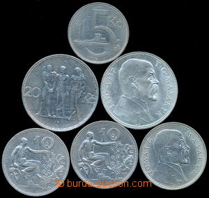182036 - 1929-37 sestava 6ks mincí: 5Kč 1929 Ag, 10Kč 1928, 1931, 