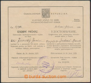 182110 - 1920 RUSKO/  Osobní průkaz dobrovolce čs. vojska na Rusi,