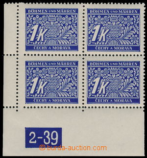 182655 - 1939 Pof.DL9, 1K modrá, levý dolní rohový 4-blok s DČ 2