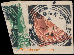 183589 - 1894 SG.47b, 52b, bisected Victoria 2P green and 1P orange o