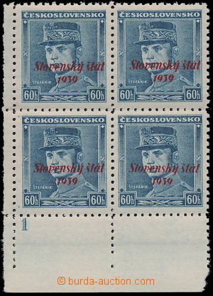 183721 - 1939 Alb.11 ST, blue Štefánik 60h, LL corner blk-of-4 with