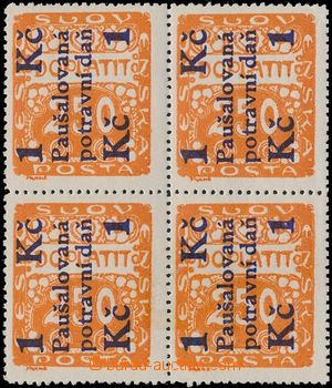 184745 - 1925 Pof.PD3, 1Kč/250h orange, as blk-of-4; over both the b