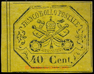 185011 - 1867 Sass.19a, Znak 40C žlutá, krajový kus; nezoubkovaná