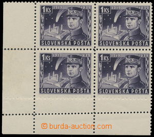 185508 - 1939 Alb.37C, Štefánik 1Ks violet, LL corner blk-of-4 with