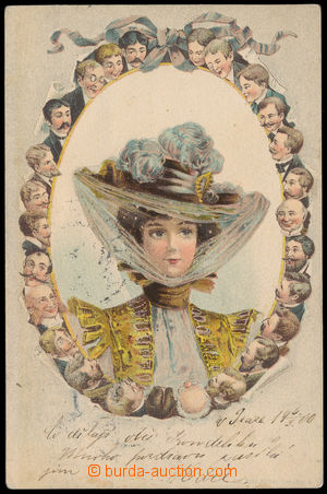 185835 - 1900 Dívka v klobouku s hlavičkami obdivovatelů, koláž,