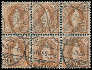 186023 - 1907 Mi.94,  Helvetia 3Fr hnědá, 6-blok, Faserpapier a pr