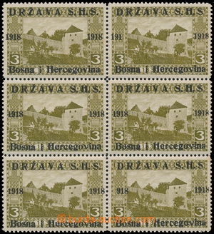 187235 - 1918 BOSNA a HERCEGOVINA  Mi.1, 3H olivová, 6-blok se 2 vad