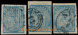 187347 - 1855 Mi.1, 3x Znak 4Sk modrá, raz. němé, kruhové 44 a de