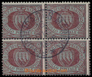 187458 - 1892 Sass.22, block of four Coat of arms 5 Lire, CDS REPUBBL