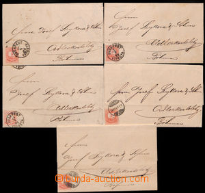 187570 - 1874-75 sestava 5ks dopisů adresovaných do Kostelce n. Orl