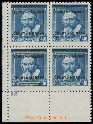 188261 - 1939 Pof.6, Comenius 40h blue, LL corner blk-of-4 with plate