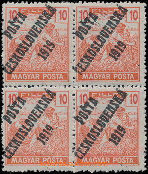 189471 -  Pof.105a, 10f red MAGYAR POSTA, block of four with joined o