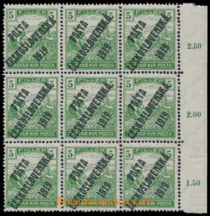 192336 -  Pof.103X, 5f green - printing error, block-of-9 with right 