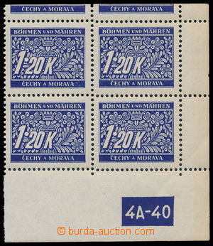 192491 - 1939 Pof.DL10, 1,20 Koruna blue, LR corner blk-of-4 with pla