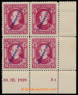 192577 - 1939 Sy.24A+C, Hlinka 1 Koruna red with overprint, LR corner
