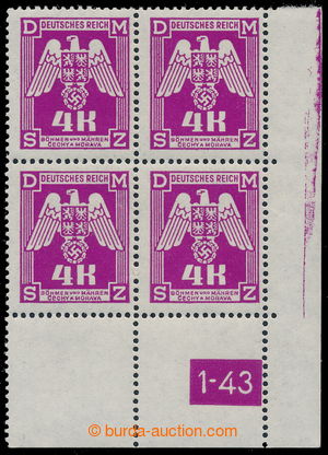 193344 - 1943 Pof.SL23, issue II 4 Koruna violet, LR corner blk-of-4 
