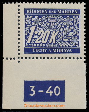 193711 - 1939 Pof.DL10, 1,20K modrá, levý dolní rohový kus s DČ 