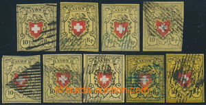 194155 - 1850 Mi.8II, 9x Rayon II, 10Rp, various colors and postmarks