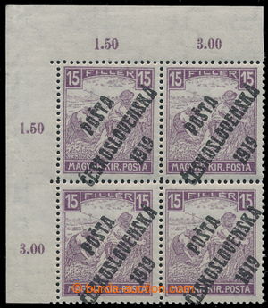 195374 -  Pof.100, White numerals 15f violet, upper left corner block