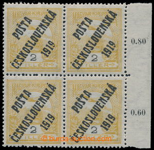 195810 -  Pof.90x, 2f žlutá, papír s pruhy, krajový 4-blok s poč