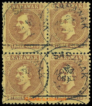 195851 - 1892 SG.27a, Brooke 3C, block of four with overprint ONE CEN