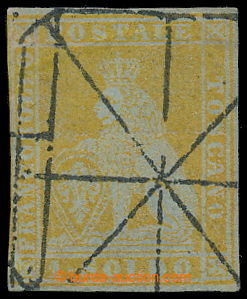195938 - 1851 Sass.2b, Lion 1S giallo bistro su azzurro with grid pmk