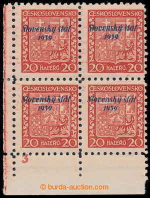 196395 -  Sy.4a, Coat of arms 20h bricky red, LL corner blk-of-4 with