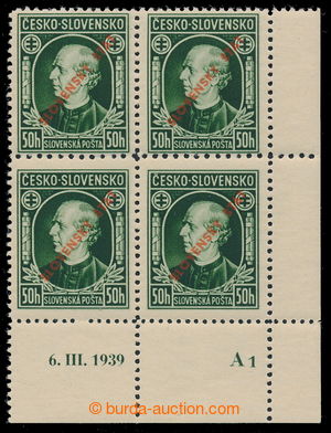 196403 - 1939 Sy.23C, Hlinka 50h green with overprint, LR block of fo