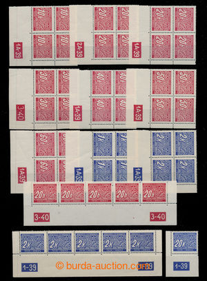 198366 - 1939 comp. 9 pcs of LR corner blk-of-4 with various plate nu