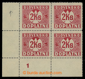 200645 - 1939 Sy.D9Y, value 2 Koruna, LL corner blk-of-4 with plate n