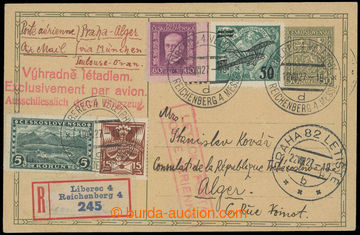 202190 - 1927 PRAGUE - ORAN  Reg and airmail sent PC Coat of arms 50h