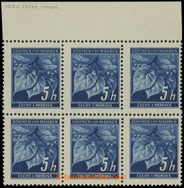 202271 - 1939 Pof.20 VV, Lipové listy 5h modrá, 6-blok s horním ok