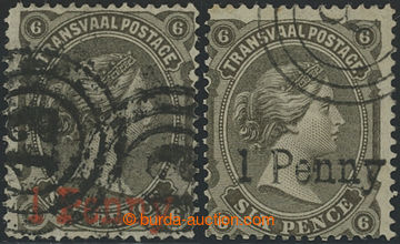 202340 - 1879 SG.142, 143b, 2x Victoria 6P with red and black overpri