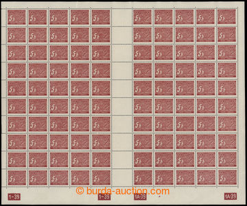 202378 - 1939 Pof.DL1, value 5h, complete 100 stamps sheet (50 + 50) 