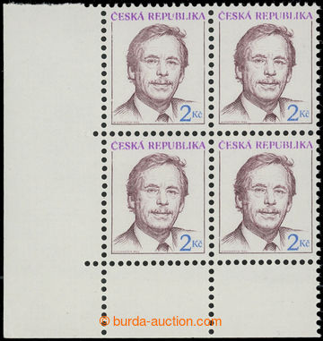 202969 - 1993 Pof.3, Havel 2CZK, LL corner blk-of-4 with omitted perf