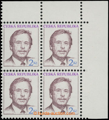 202970 - 1993 Pof.3, Havel 2CZK, UR corner blk-of-4 with omitted perf