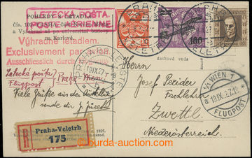 204528 - 1927 Reg and airmail sent postcard with 100/200h with plate 