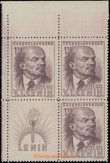 204686 - 1949 Pof.498ST, Lenin 1,50Kčs hnědofialová, 4-blok s horn