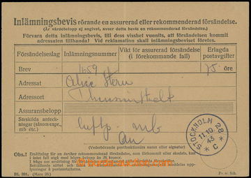 206929 - 1943 SWEDEN - GHETTO TERESIENSTADT / Swedish certificate of 